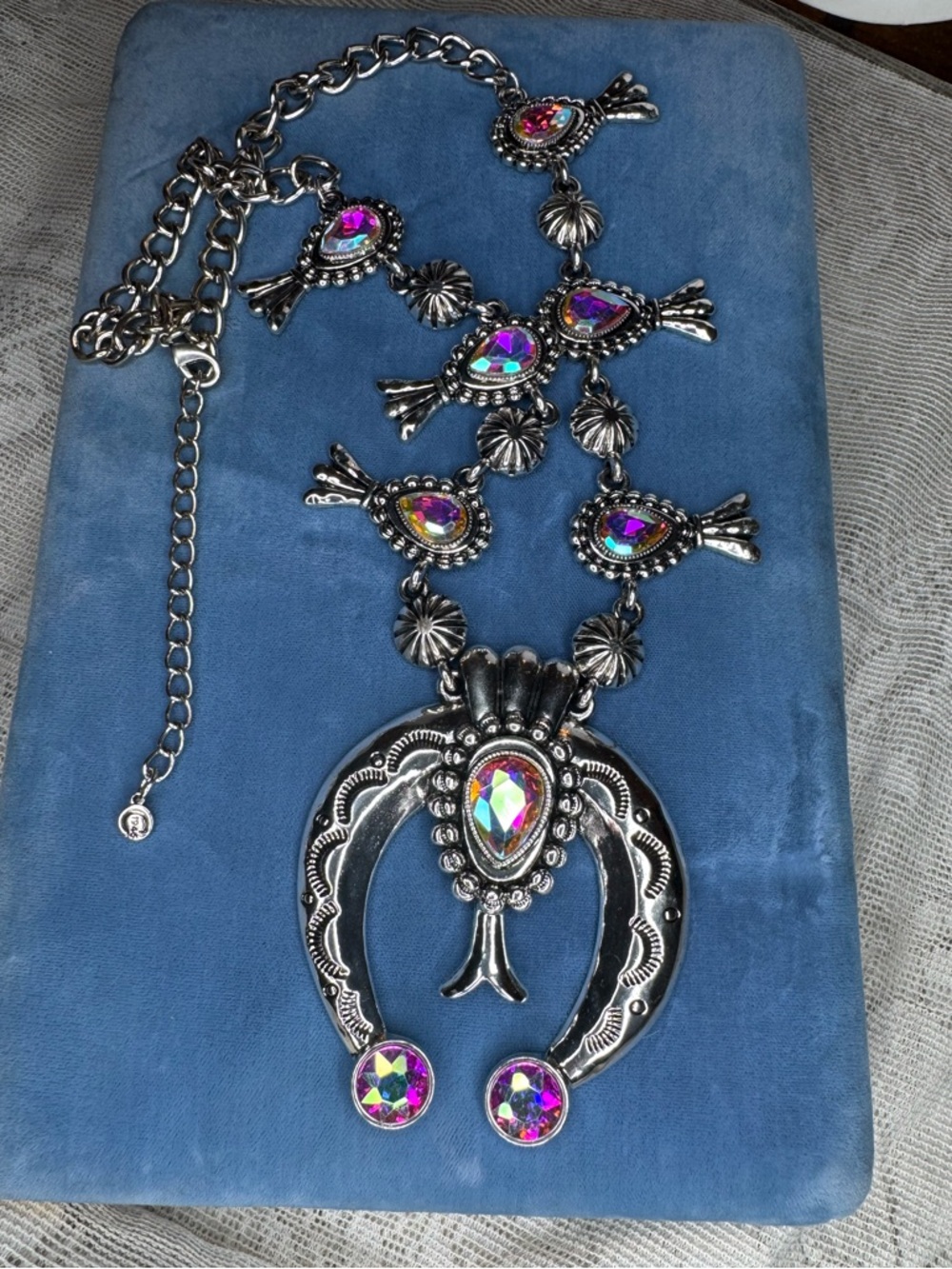gorgeous multi colored Iridescent stone squash blossom necklace Chunky Statement